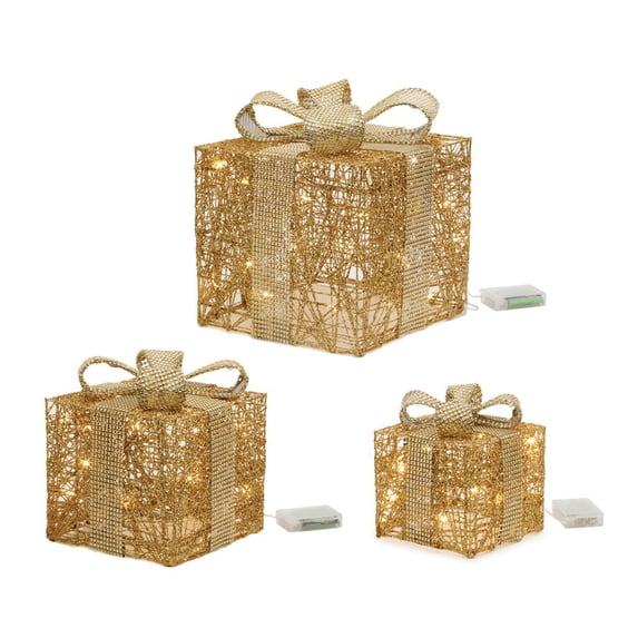 Melrose 90998DS 7, 9 & 11 in. Cotton 3 AA Batteries Not Included LED Light Gift Box, Gold - Set of 3