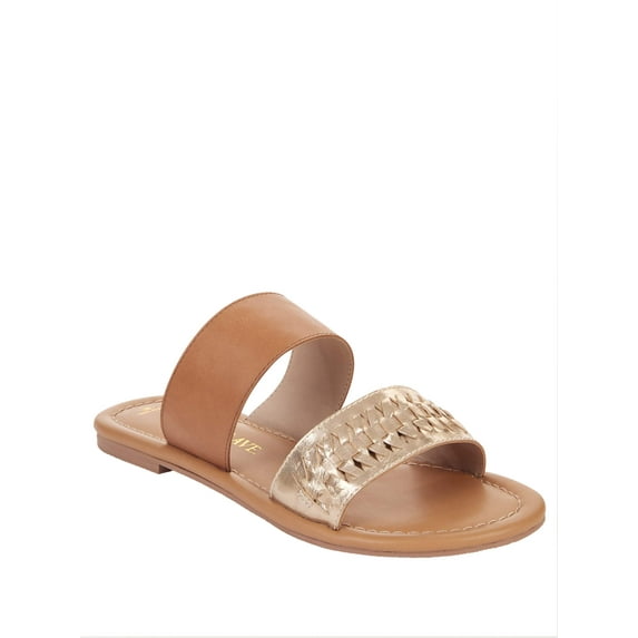 Melrose Ave Women's Faux Leather Two Strap Flat Slide Sandals