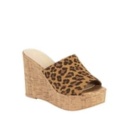MELROSE AVE Women's Vegan Suede Leopard Platform Slide Wedge Heel Sandal