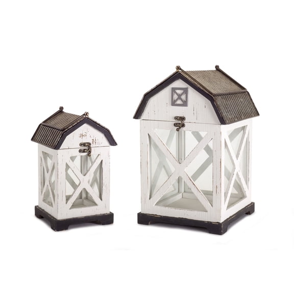 Melrose Barn Lantern Set of 2, Wood, Metal, 10.5 Inches, 14.5 Inches