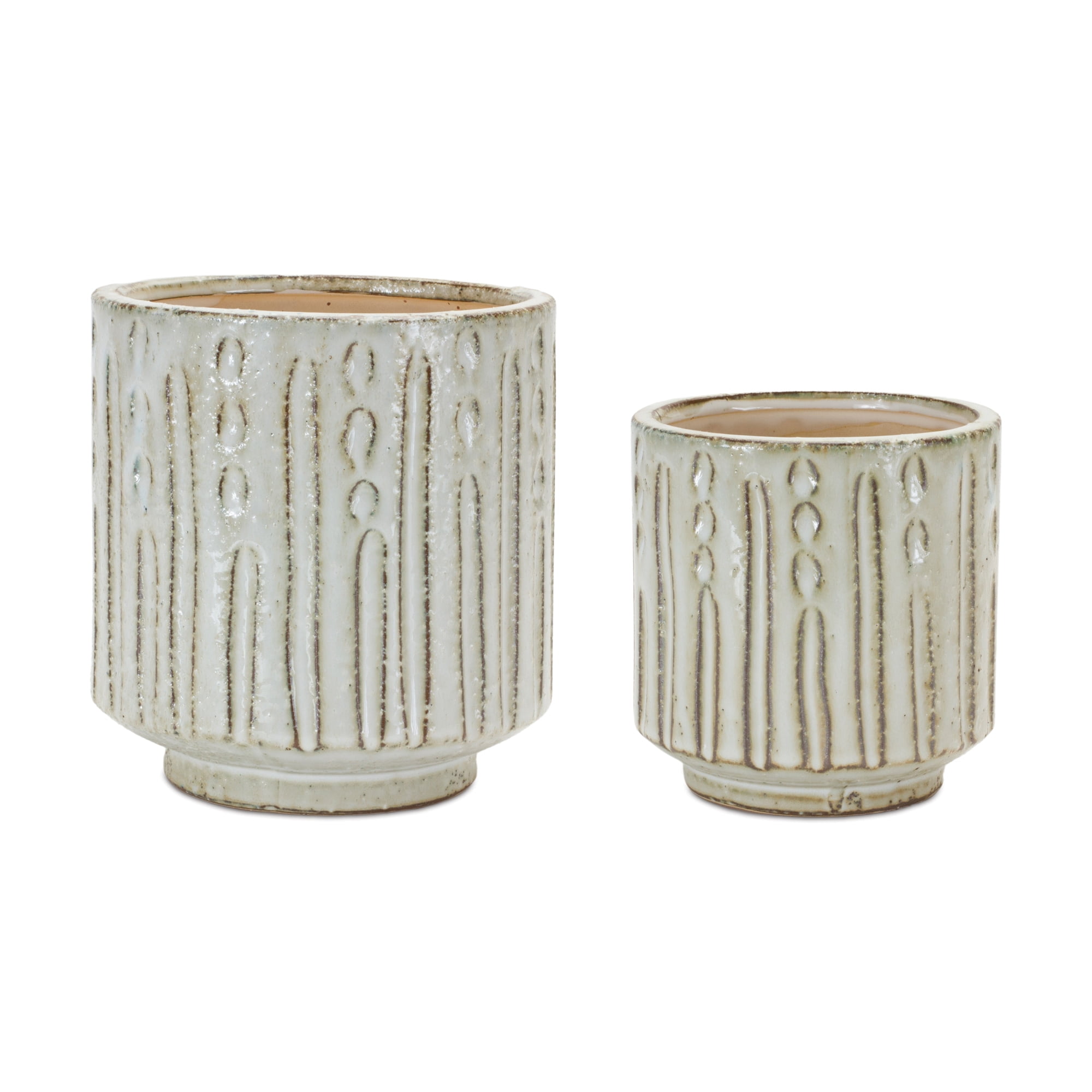 Set of 2 Beige and White Distressed Clay Planters