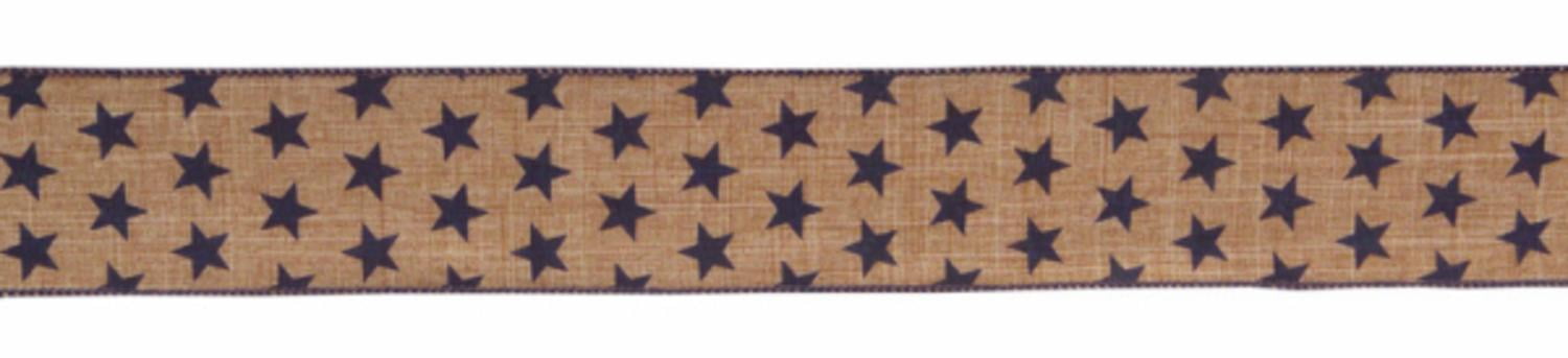 Melrose Floral Ribbon - Tan Linen Patriotic Blue Stars 2.5in x 10yd