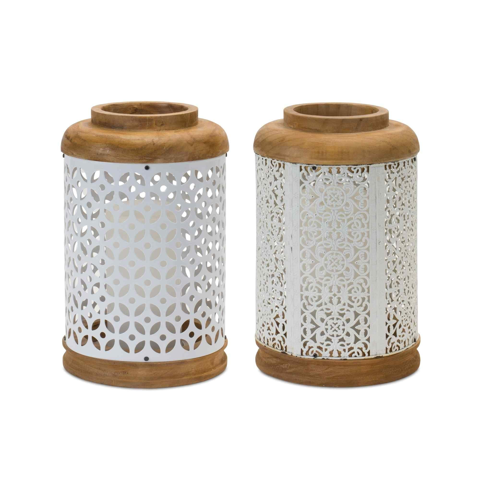 White and Brown Geometric Wood Hanging Candle Lanterns