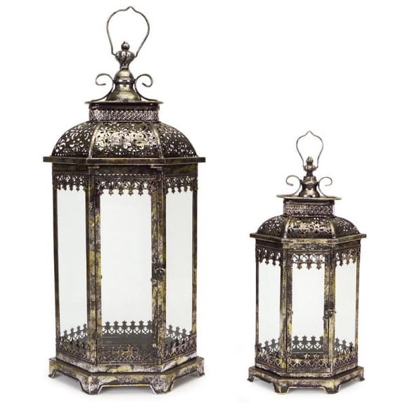 Melrose Hexagonal Metal Multi Wick Pillar Candle Lanterns - 34" - Gold and Silver - Set of 2