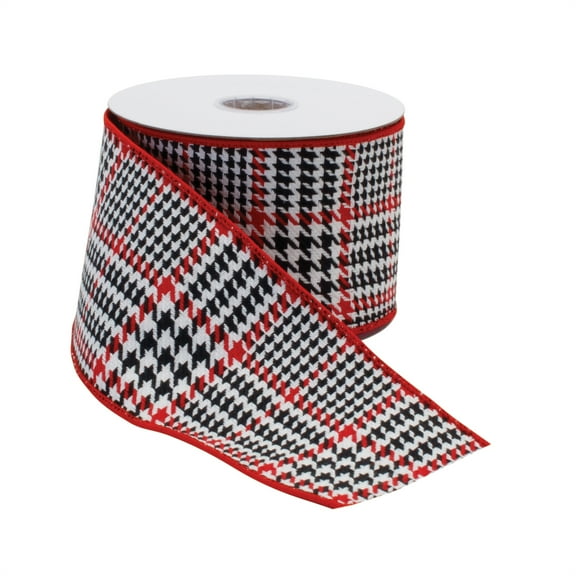 Melrose Houndstooth Plaid Wired Christmas Craft Ribbon - 4" x 10 Yards - Red and Black