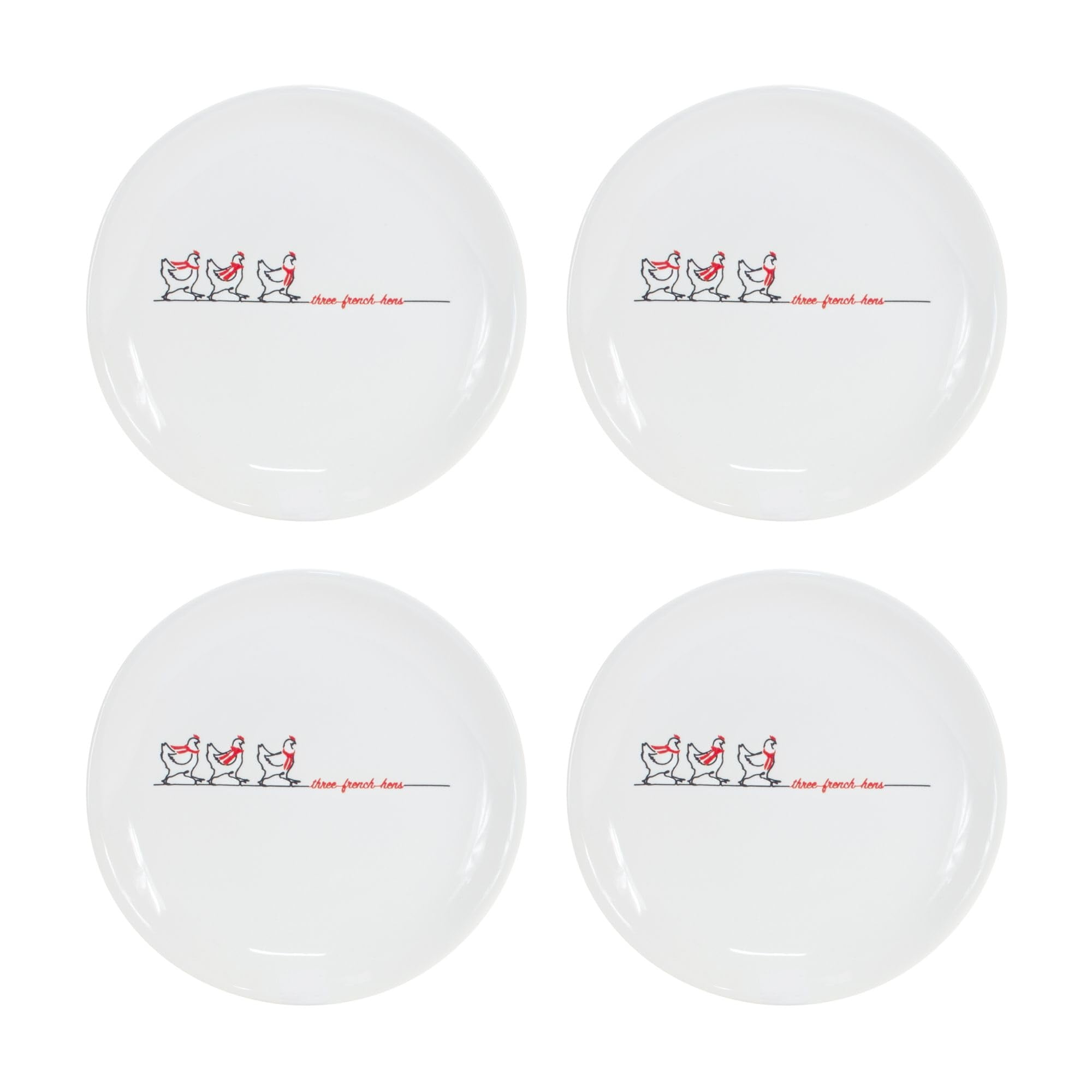 Red and White Ceramic Christmas Hens Plates Set of 4