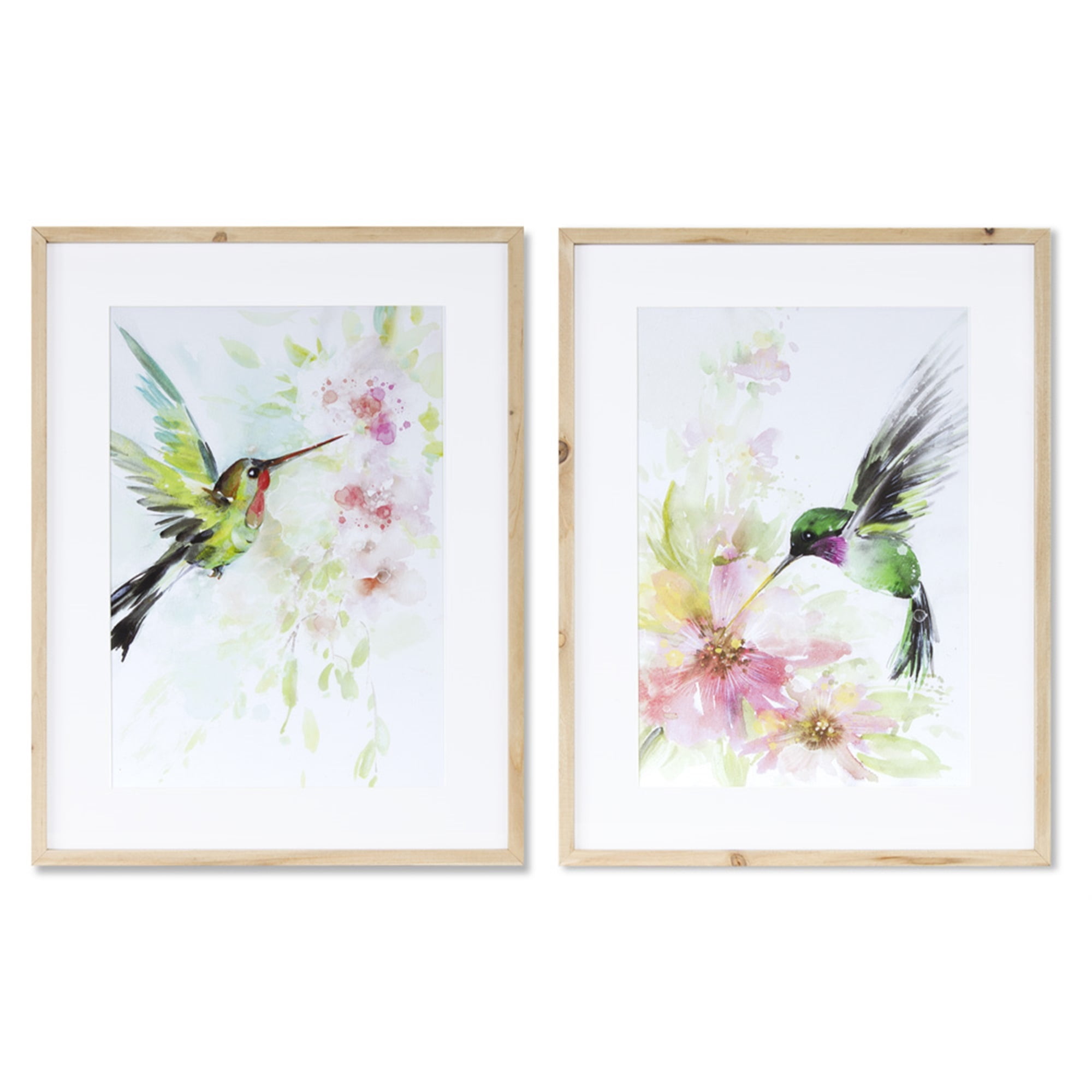 Set of 2 Hummingbird Watercolor Prints with Natural Wood Frames