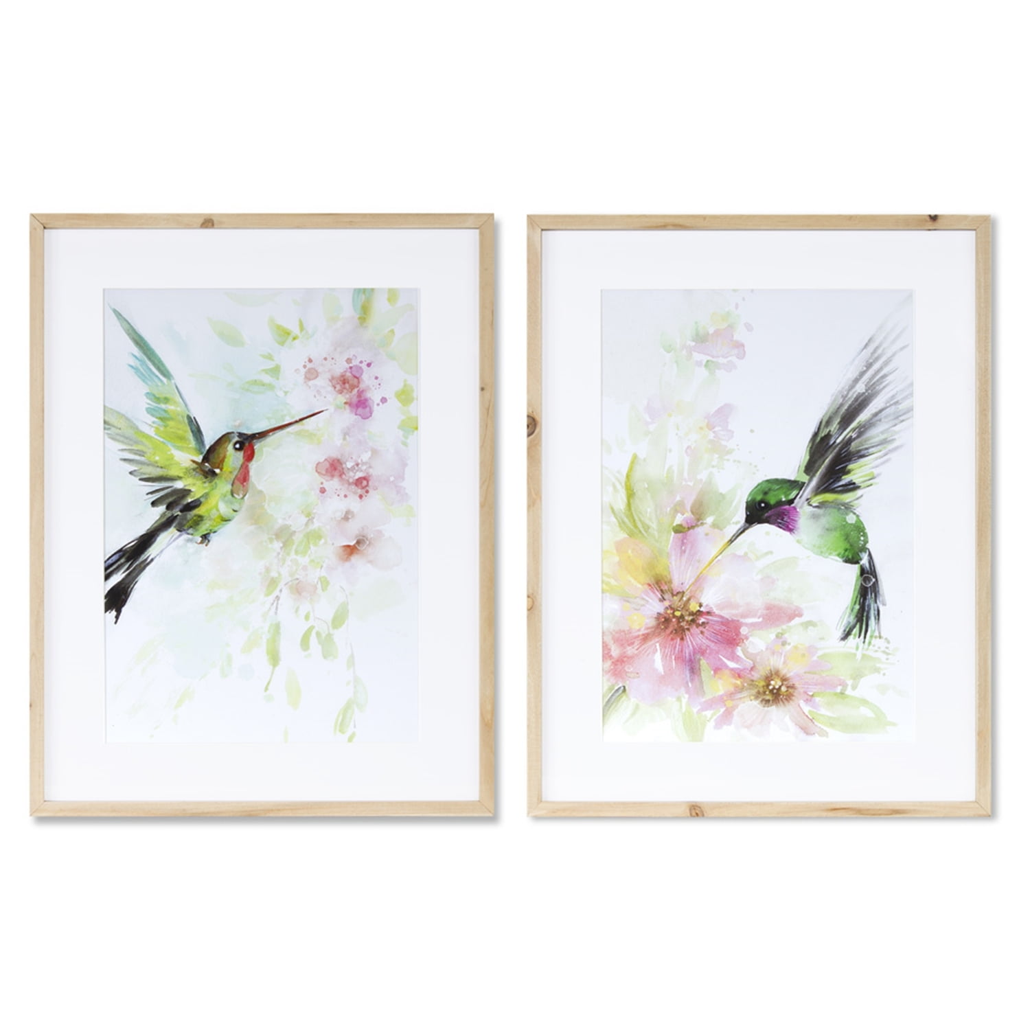 Set of 2 Hummingbird Watercolor Prints with Natural Wood Frames