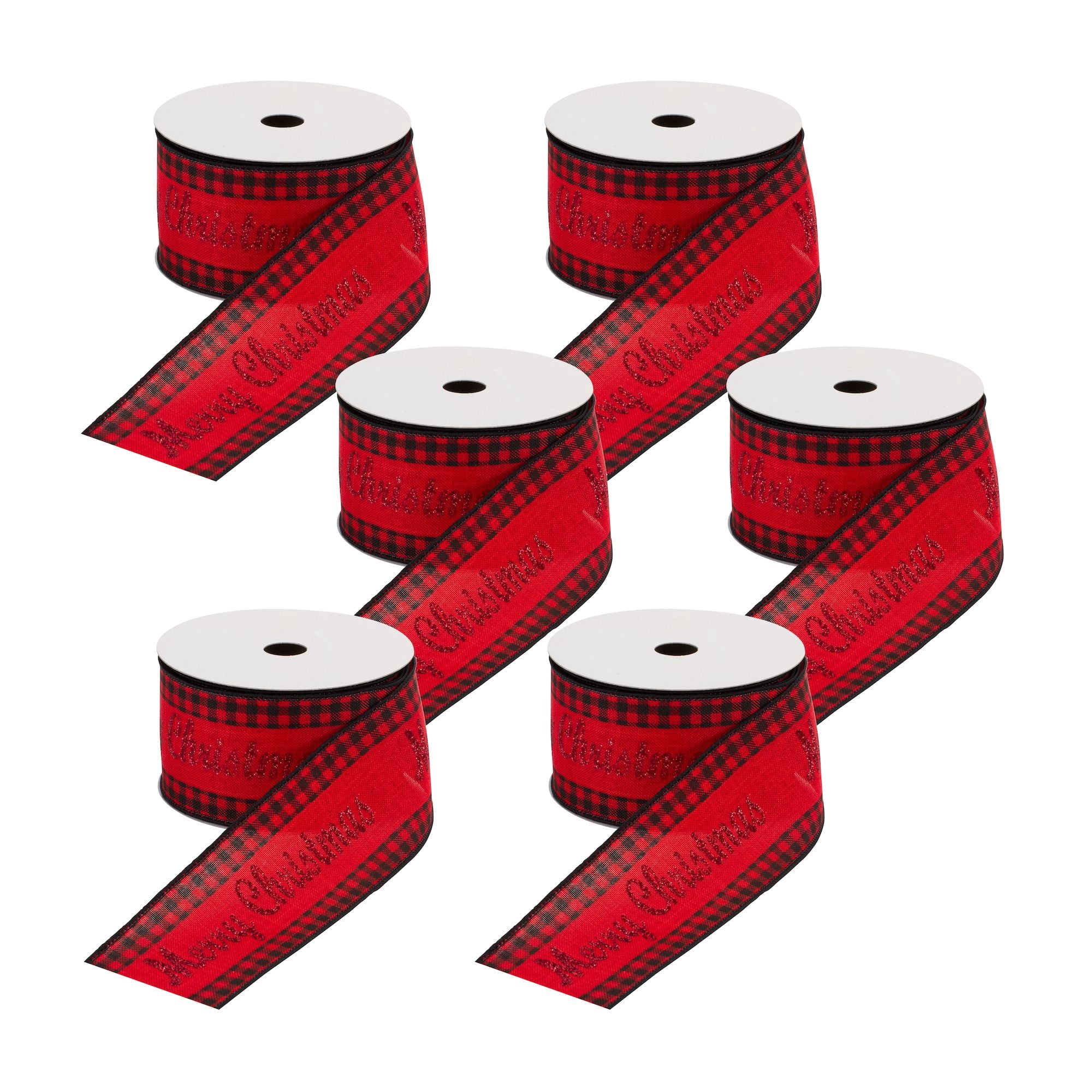 Melrose Buffalo Plaid Merry Christmas Wired Craft Ribbon - 2.5" x 10 Yards - Red and Black - Set of