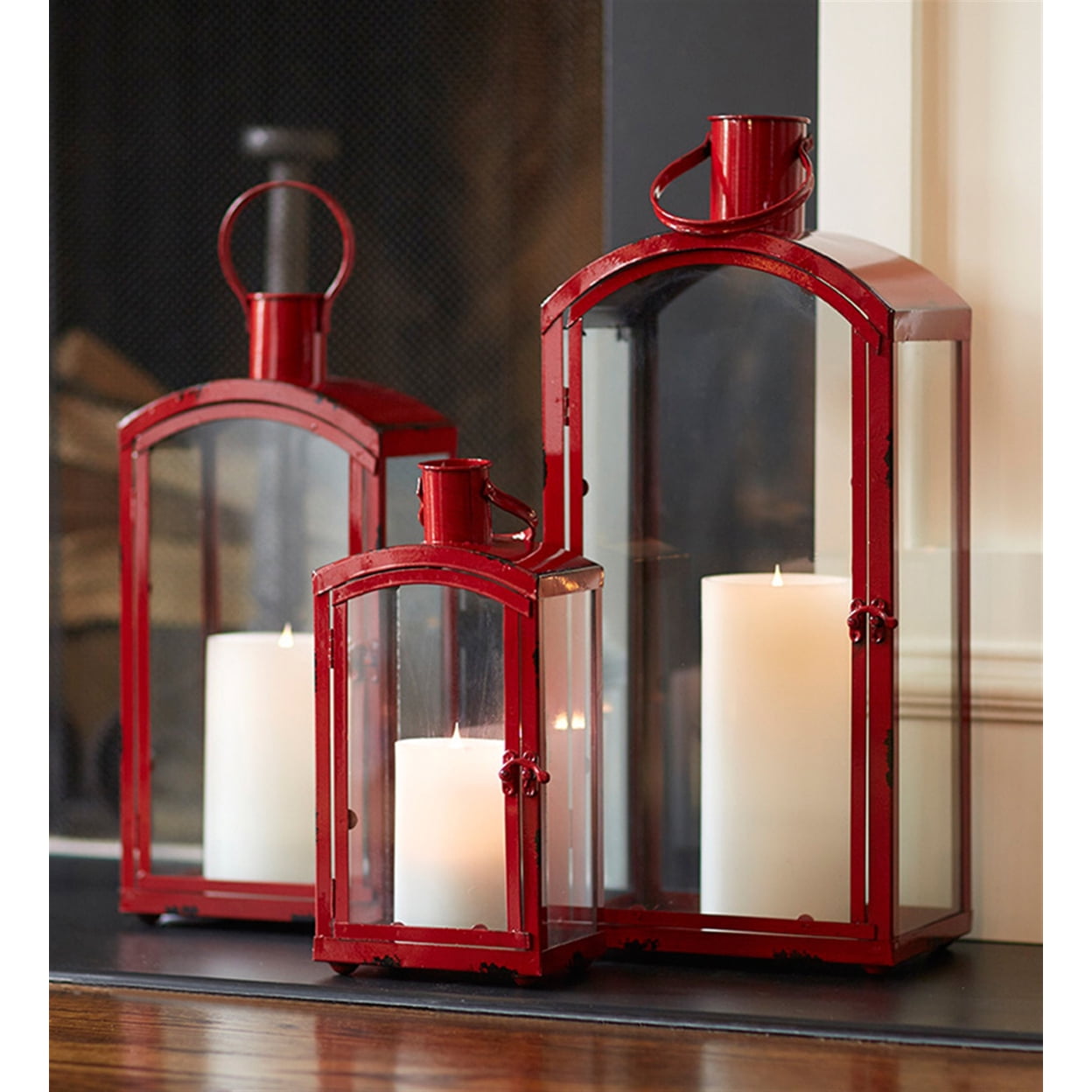 Set of 3 Red Metal and Glass Hanging Christmas Lanterns