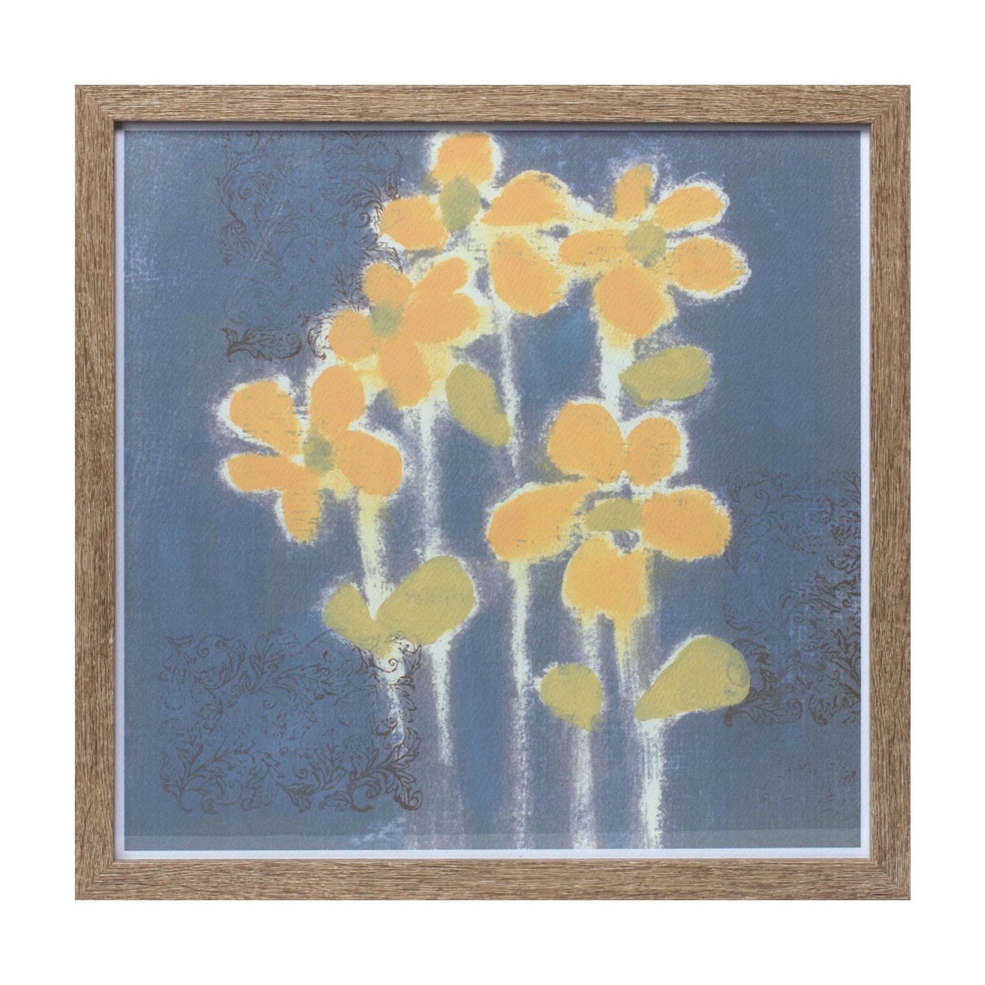 Melrose 14.5" Square Yellow and Blue Floral Print with Faux Wood Frame