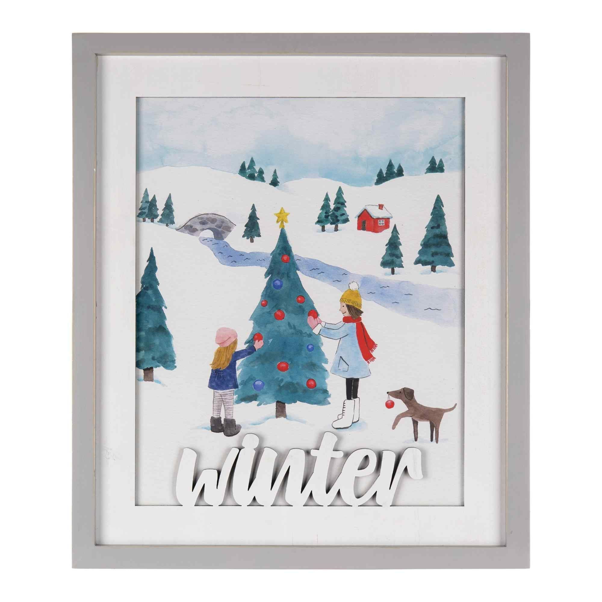 Framed Winter Scene Wall Art with Kids and Dog, 19"H