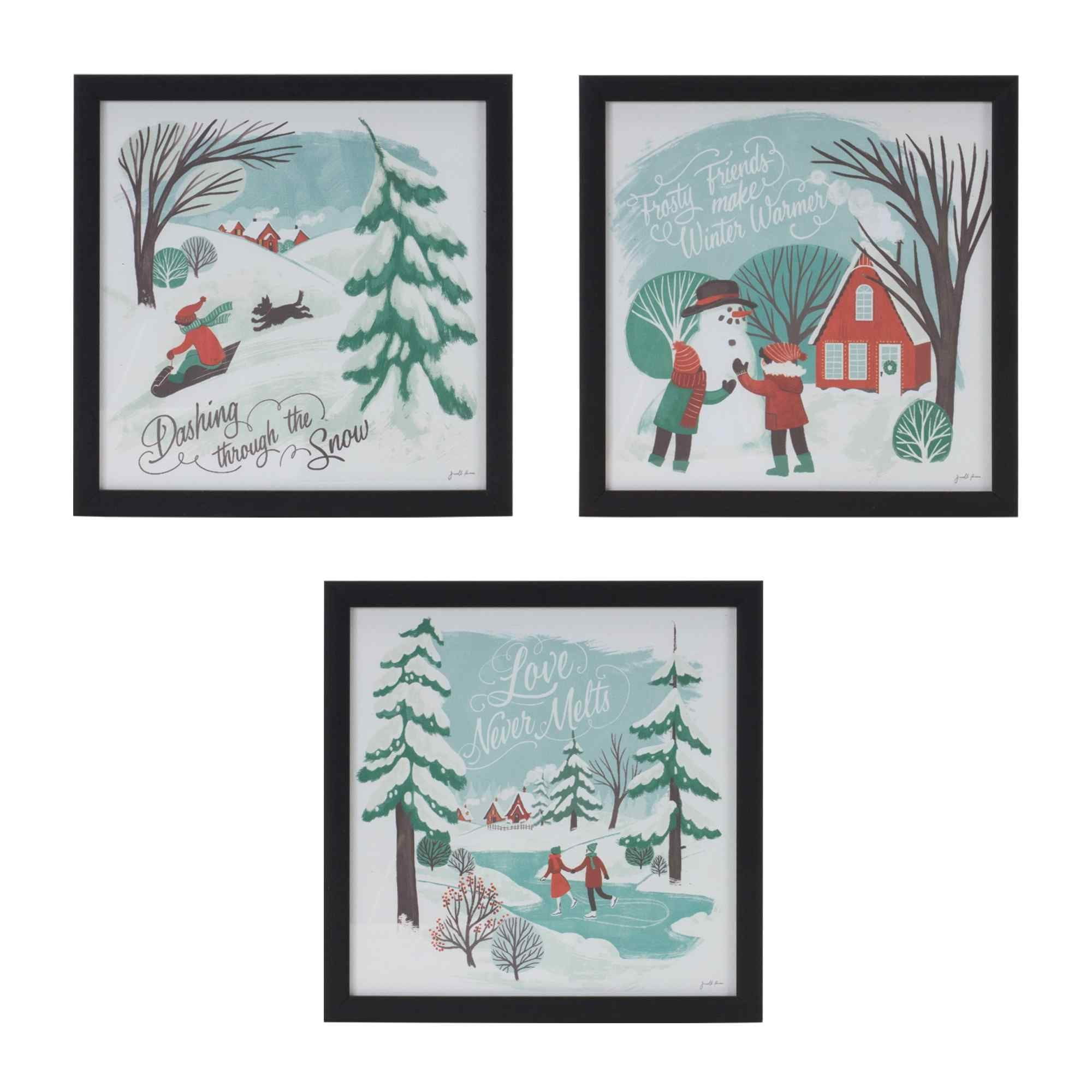 Festive Winter Scene Framed Wall Art Set in Blue and Red