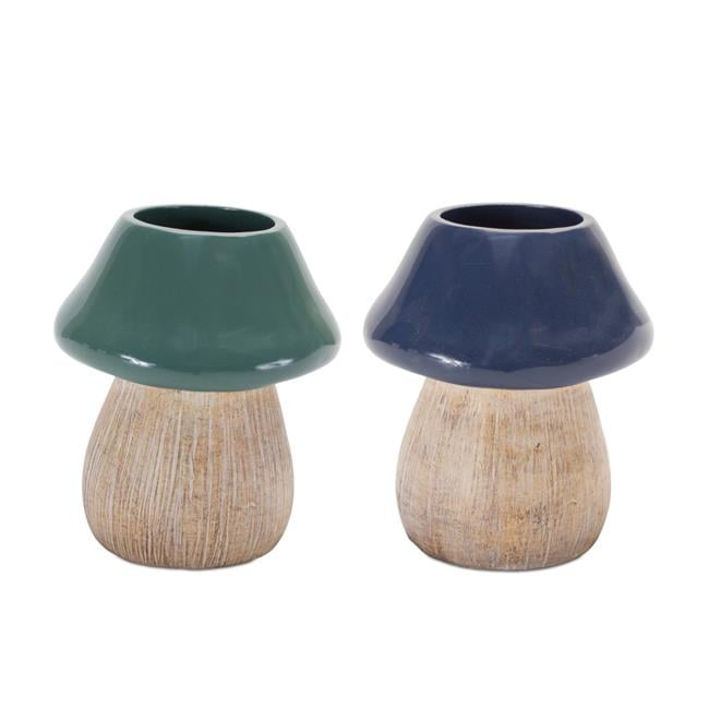 Set of Two Green and Blue Resin Mushroom Planters