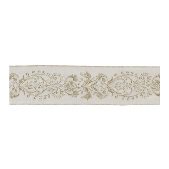 Melrose Damask Wired Craft Ribbon - 4" x 5 Yards - White and Gold