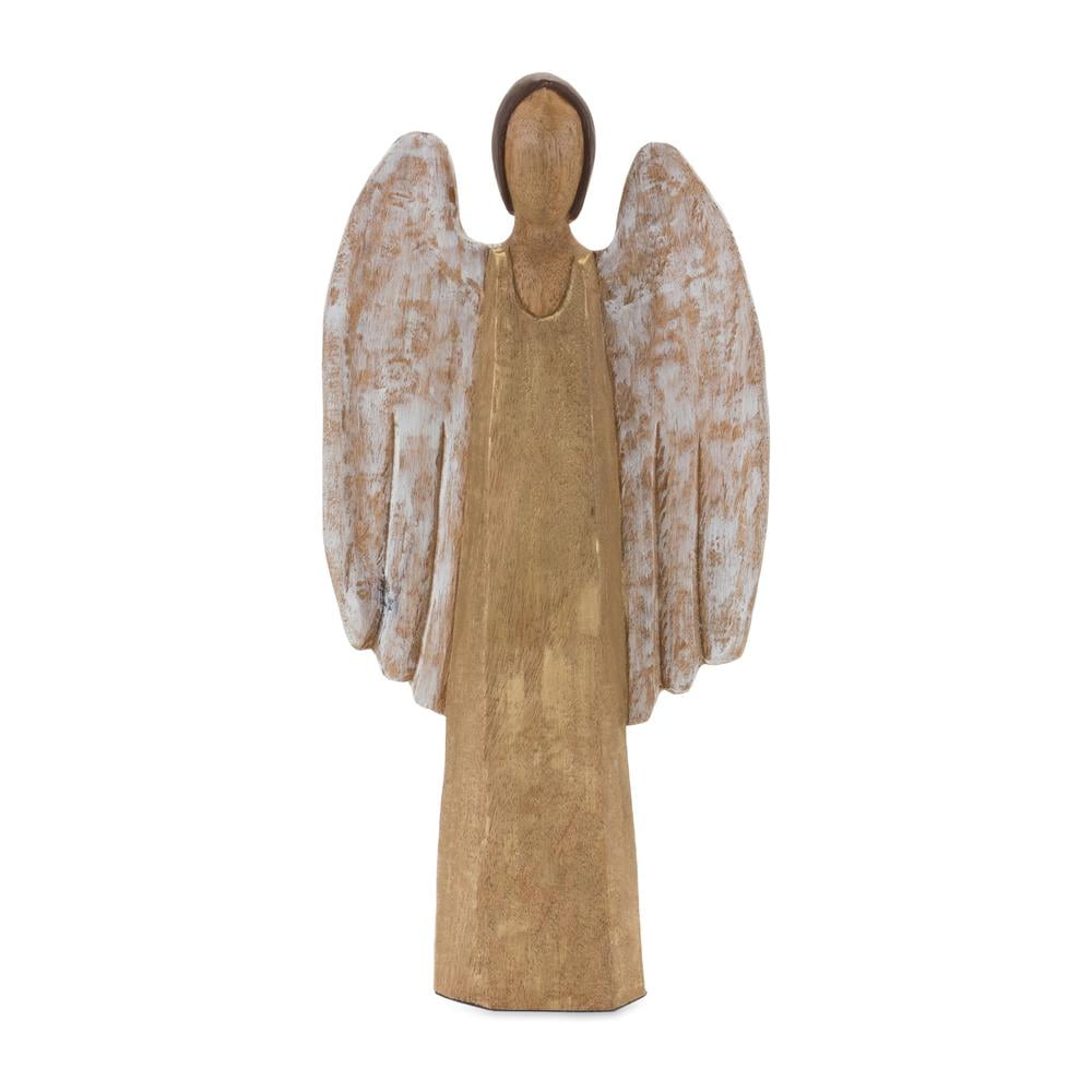 Rustic Brown and White Mango Wood Angel Statue 18"H