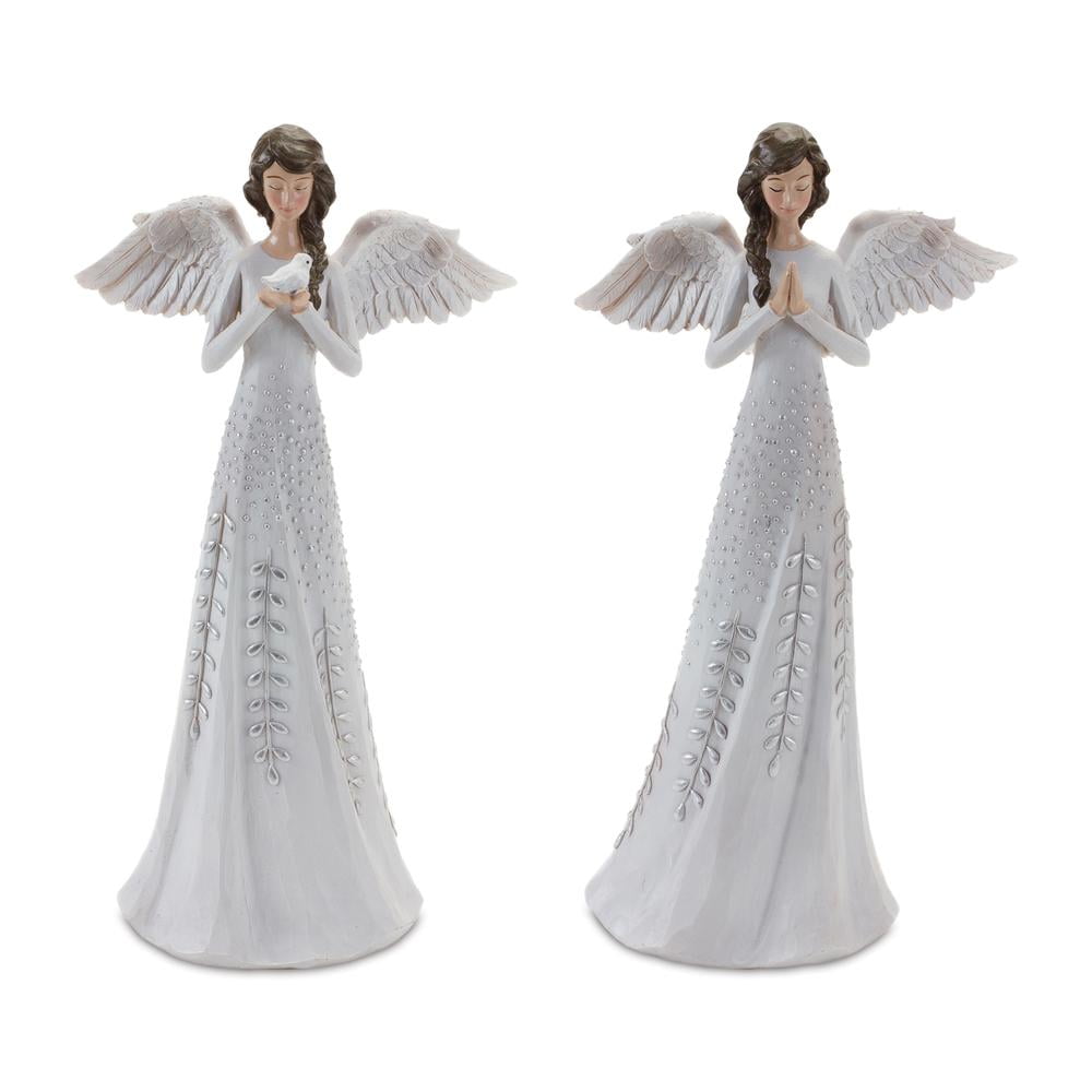 White and Silver Resin Angel Figurines Set of 2