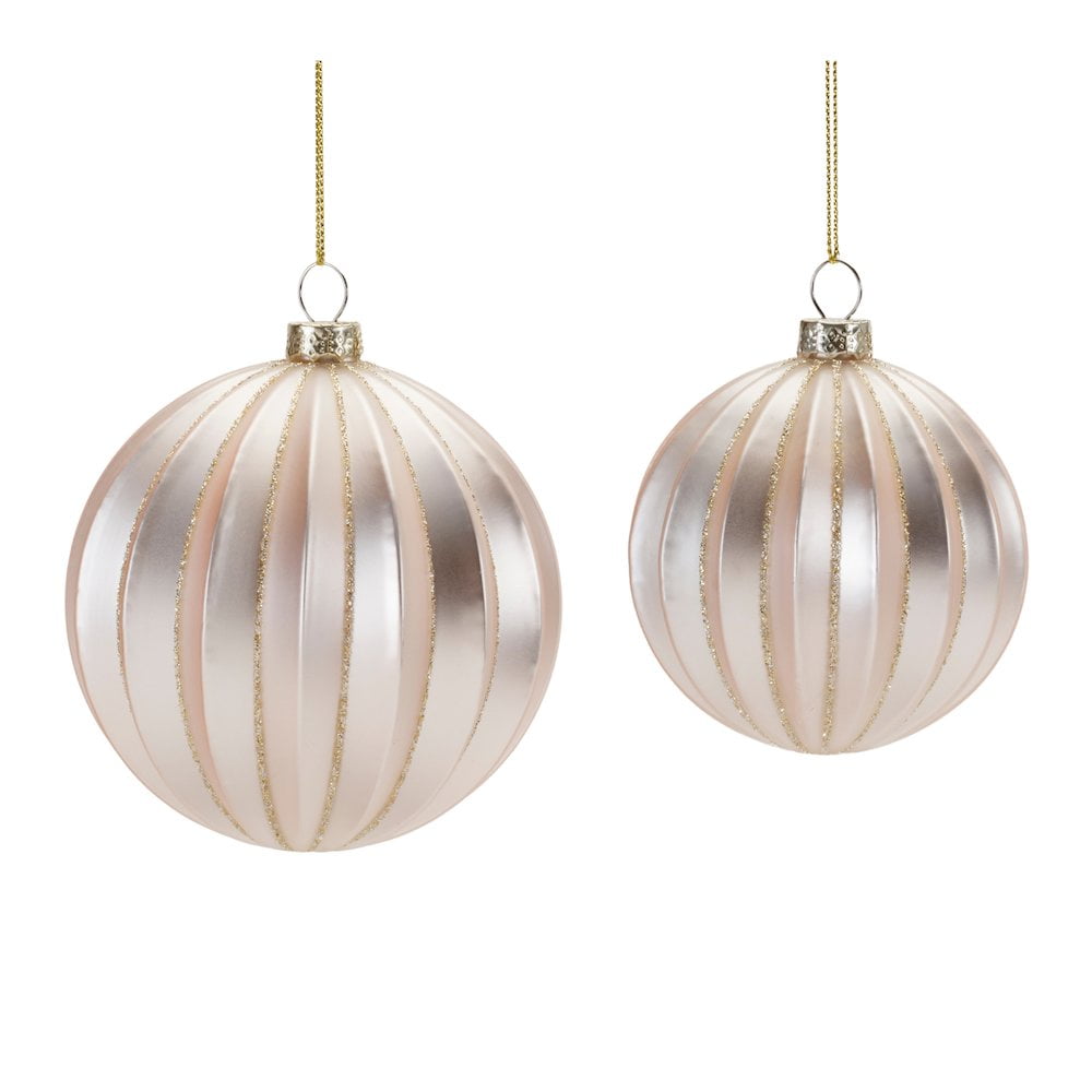 Gold Ribbed Glass Ball Ornament Set with Glitter Accents