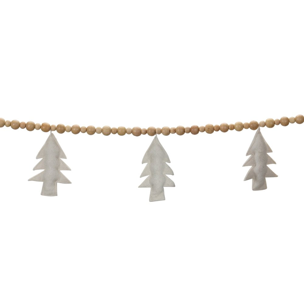 6' White and Light Brown Wool and Wood Beaded Tree Garland