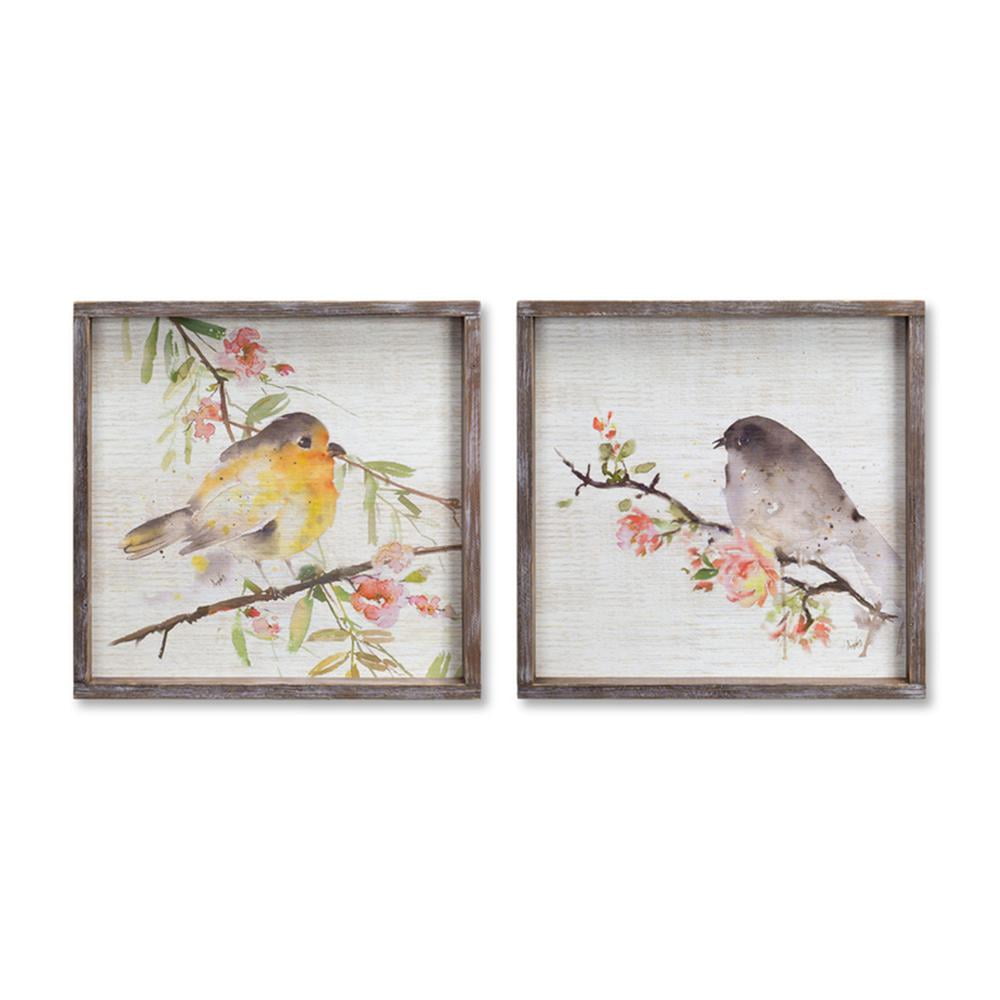 Rustic Brown Wood Framed Watercolor Bird Plaques Set
