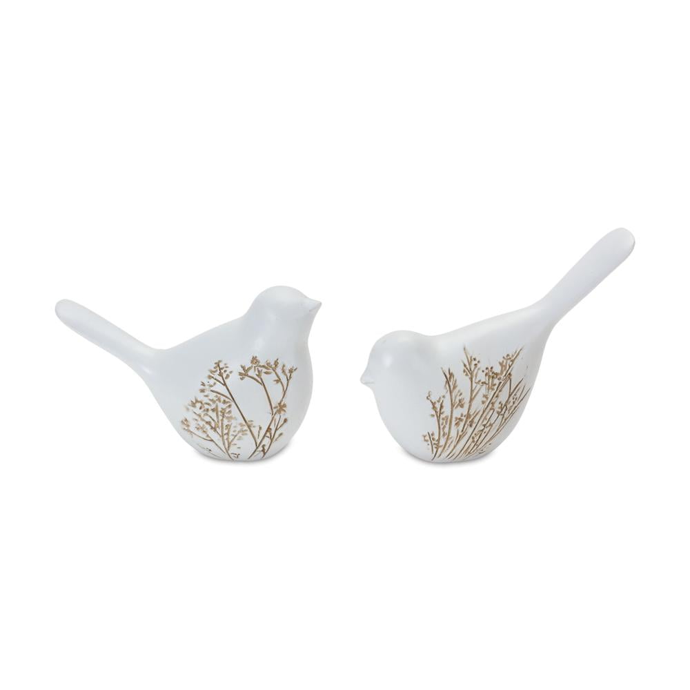 Set of 4 White Floral Etched Resin Bird Figurines
