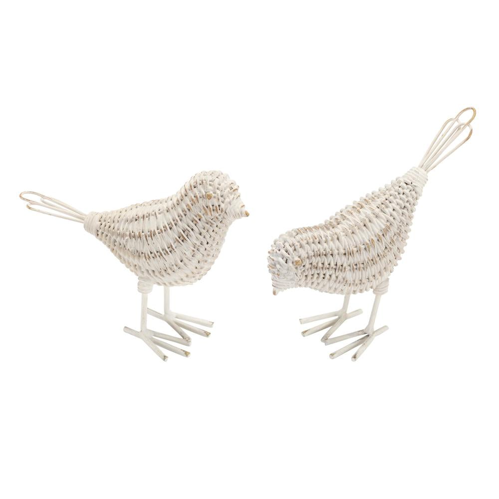 Set of 4 Beige and White Metal Wicker Bird Figurines