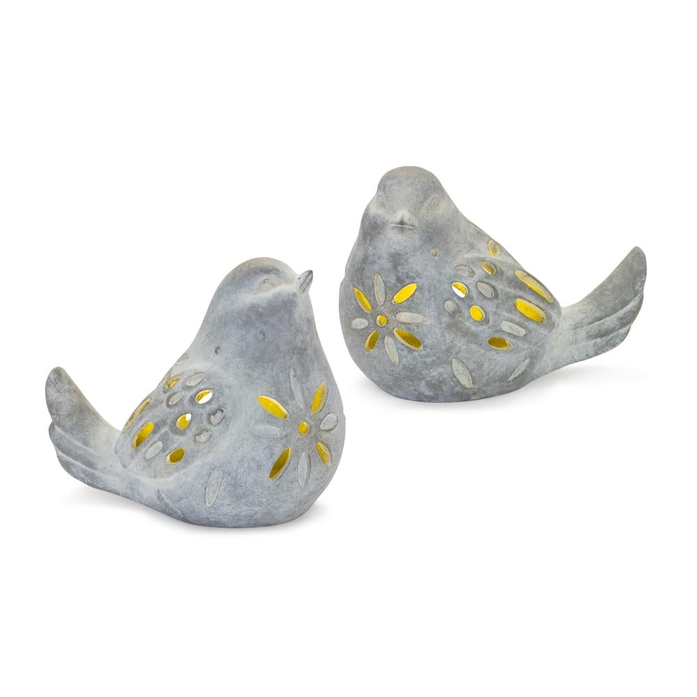 Aged Gray and Cream Resin LED Bird Figurines Set