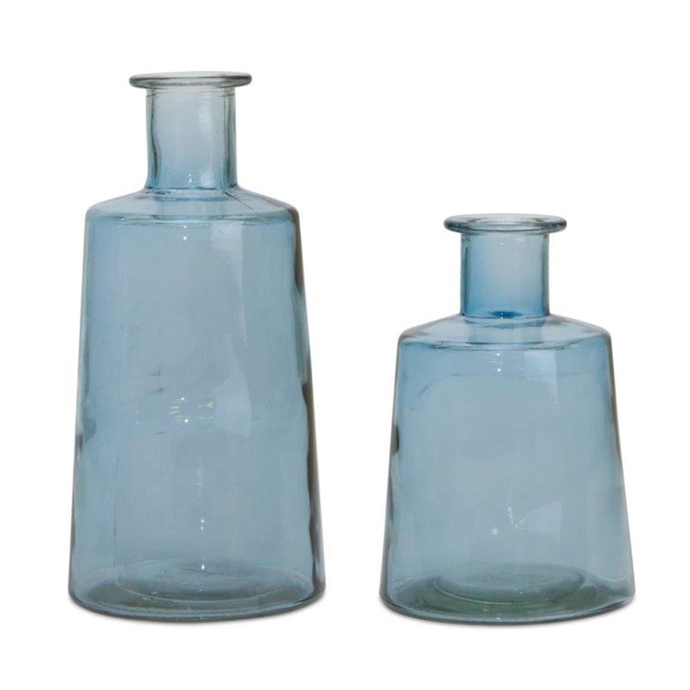Set of 2 Blue Glass Tapered Bottle Vases