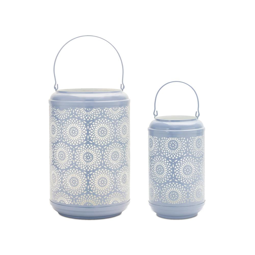 Blue Geometric Mandala Metal Candle Lanterns - Set of 2