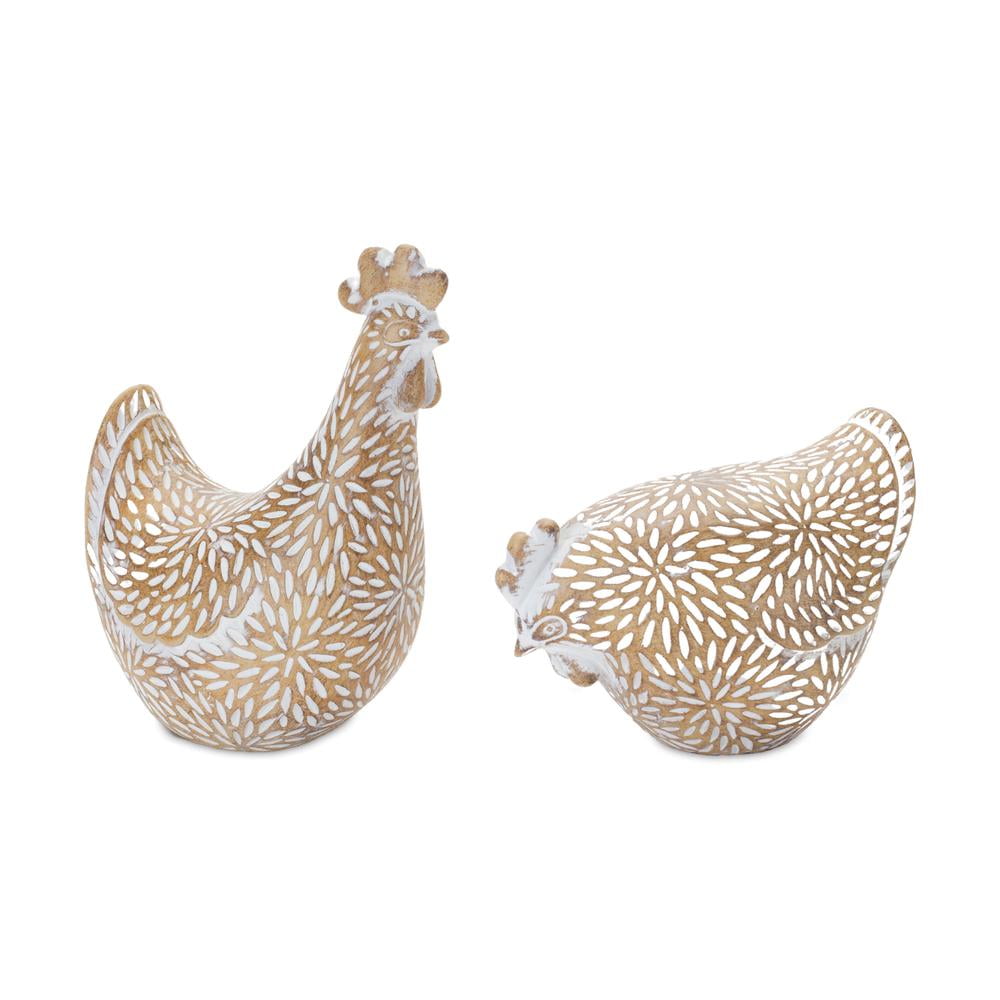 White and Beige Etched Resin Chicken Figurines Set
