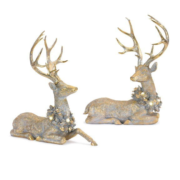 Melrose Holiday Deer Figurine with Lighted Wreath and Gold Finish Set of 2
