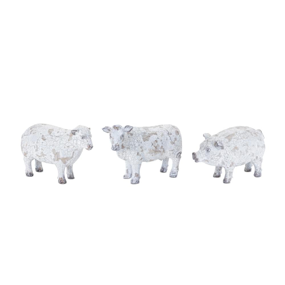 Distressed White and Brown Resin Farm Animal Figurines Set