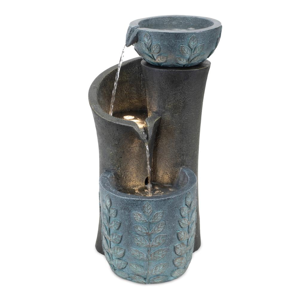 Blue and Gray Resin Cascading Leaf Bowl Fountain, 19.5" Height