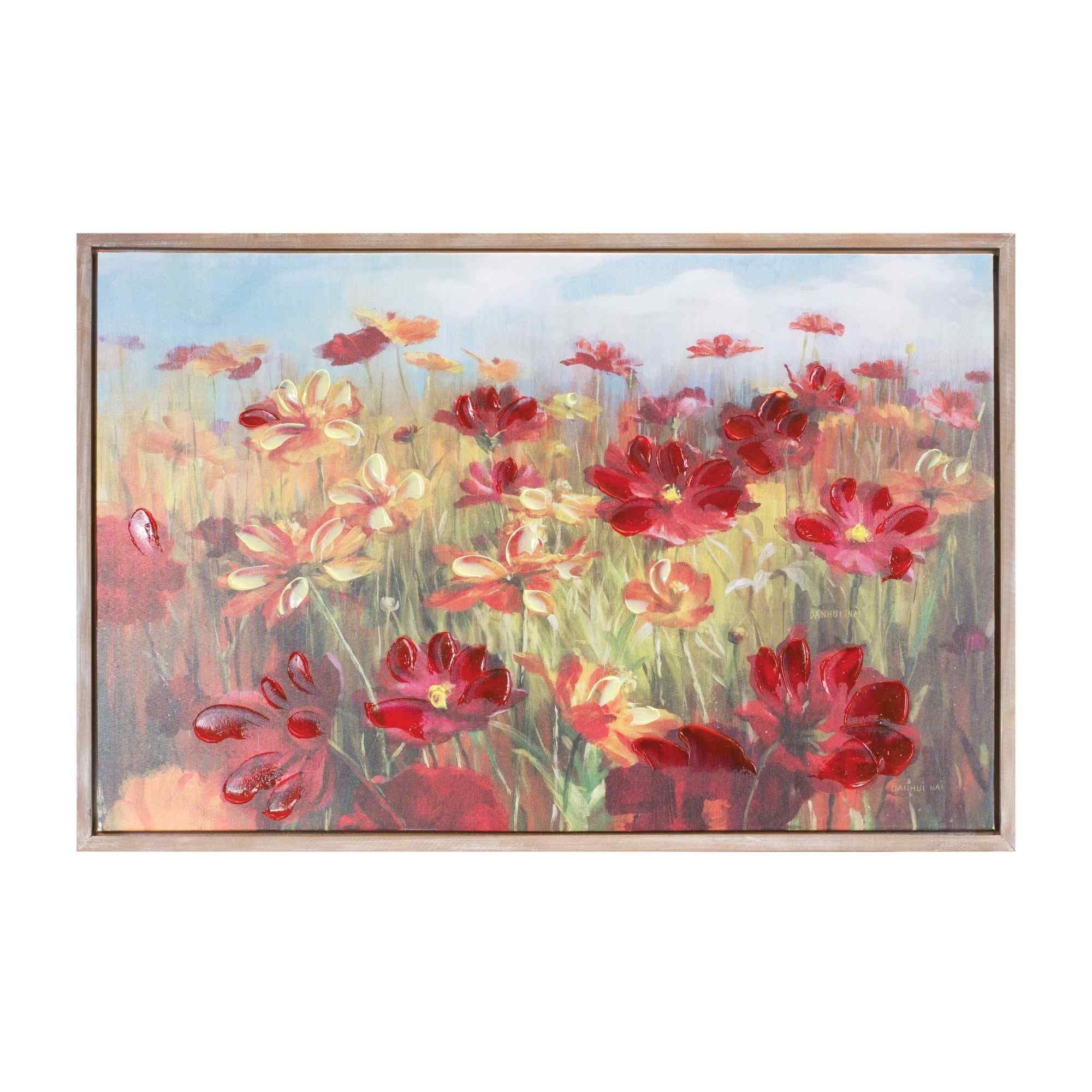 Vibrant Red and Orange Floral Canvas Wall Art with Brown Frame