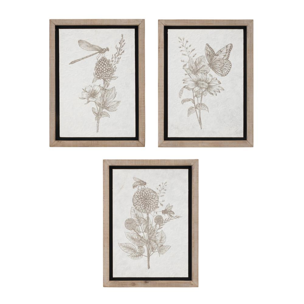 Set of 3 Beige and White Floral Insect Canvas Prints with Fir Wood Frames