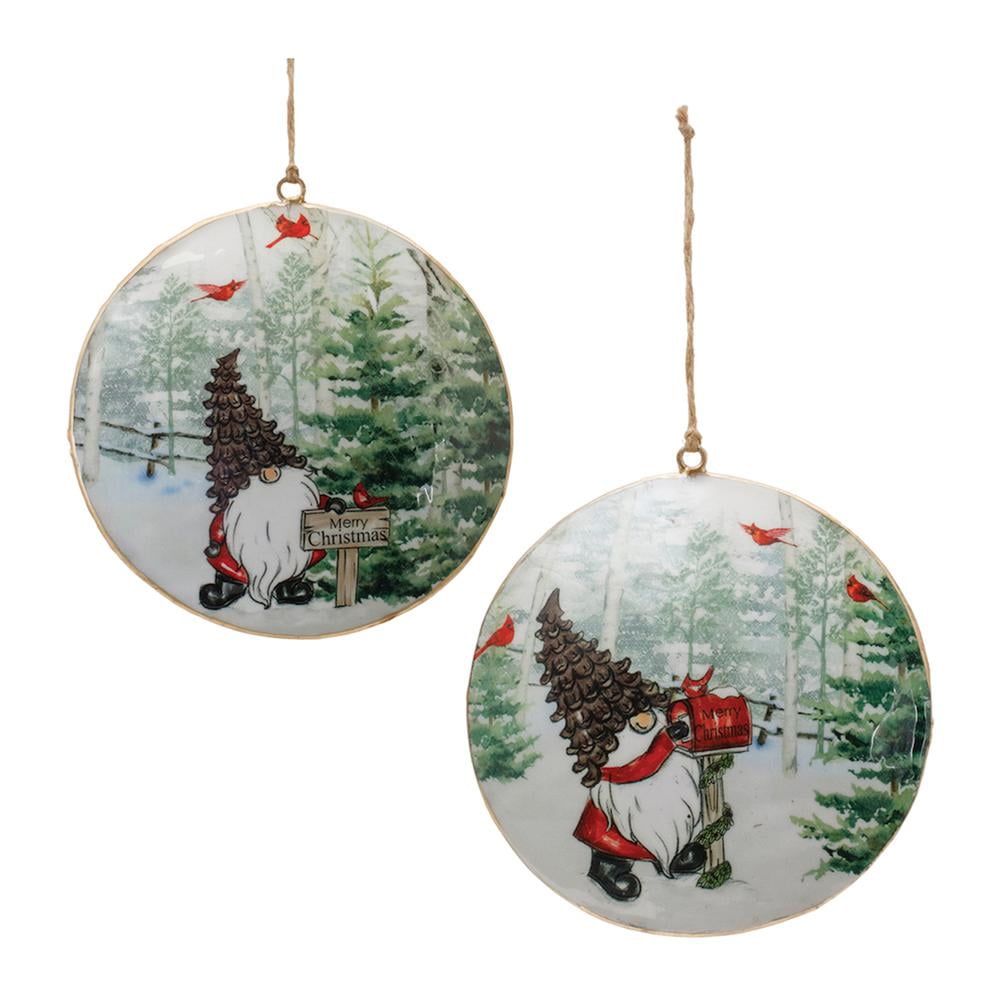 Festive Green and Red Metal Gnome Disc Ornaments Set