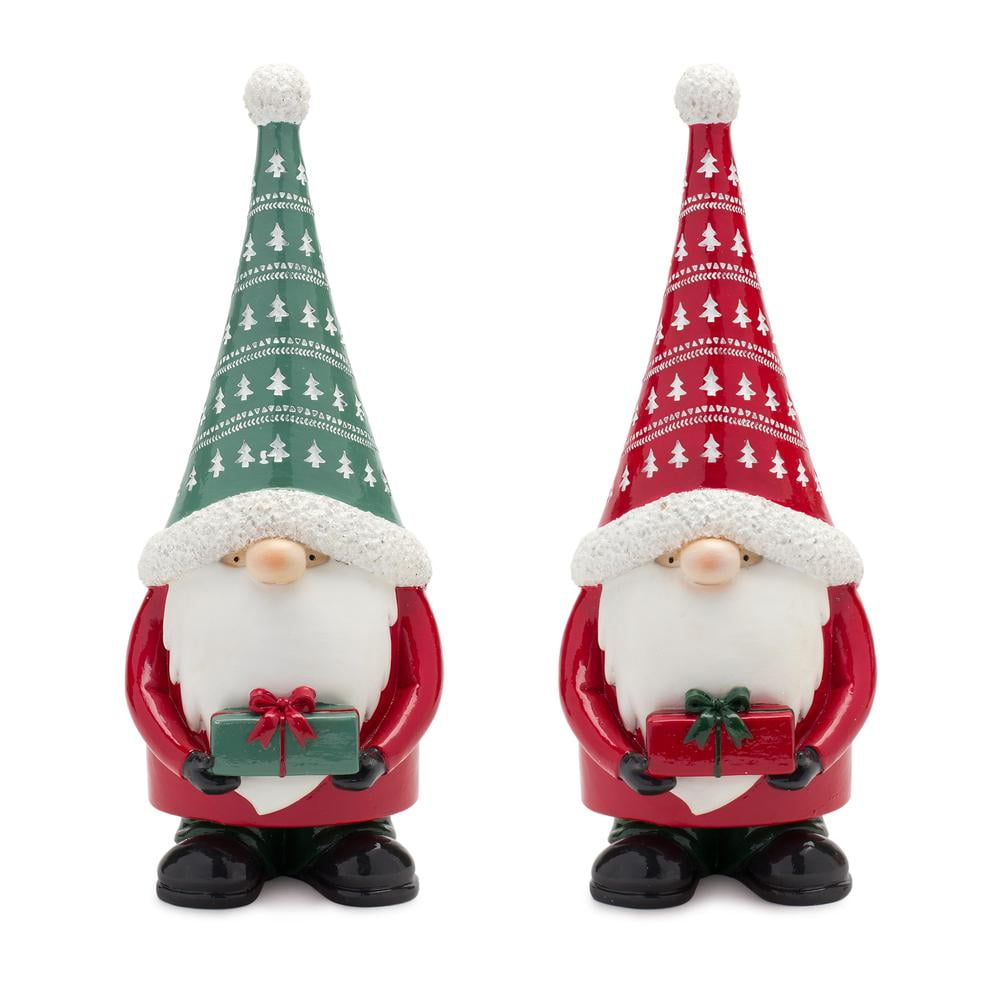 Nordic Red and Green Resin Gnome Figurines with Presents