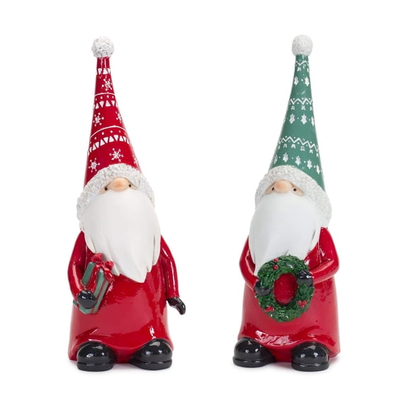 Melrose Set of 2 Gnomes Holding Gift and Wreath Christmas Figurines 9"