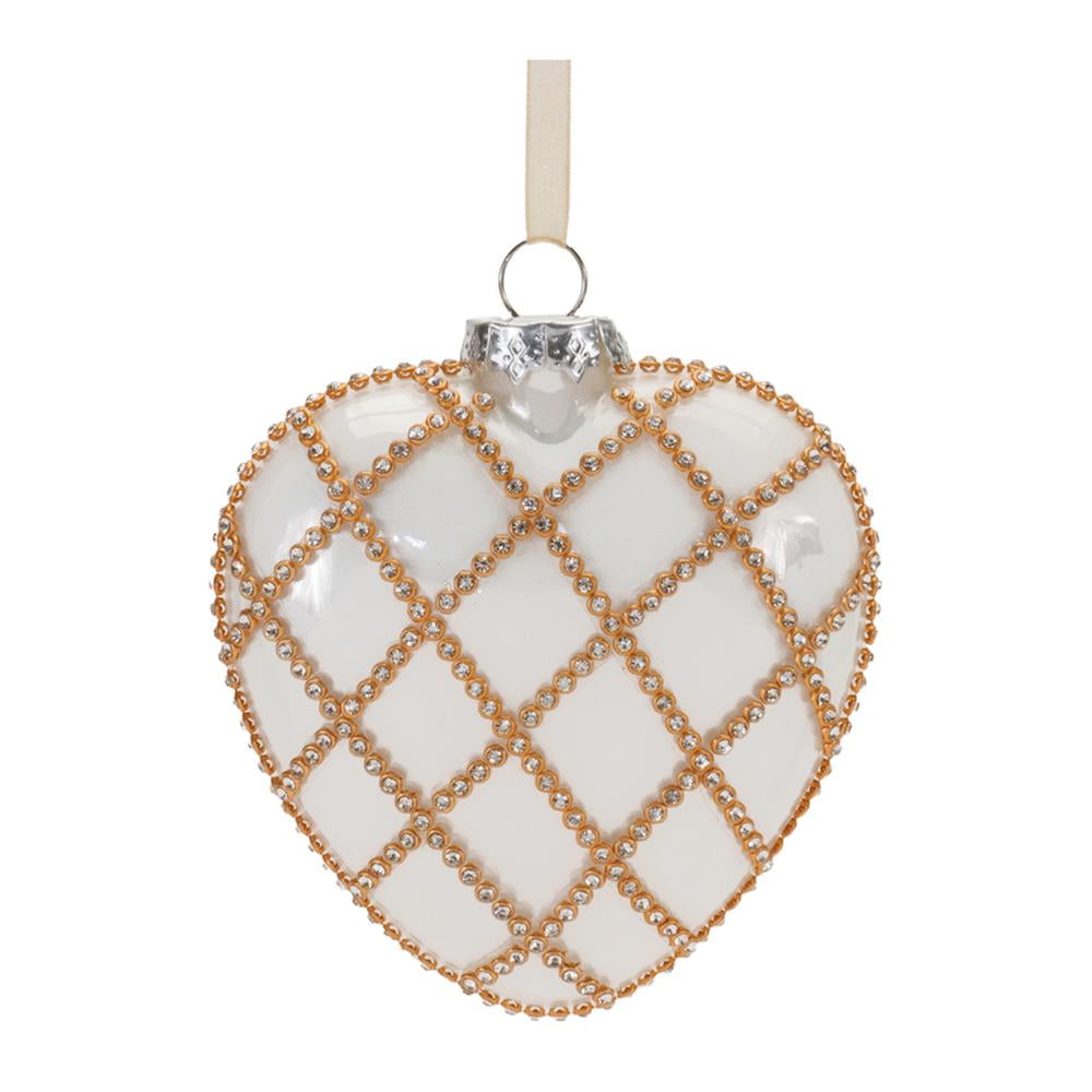 Jeweled White and Gold Glass Heart Ornaments Set