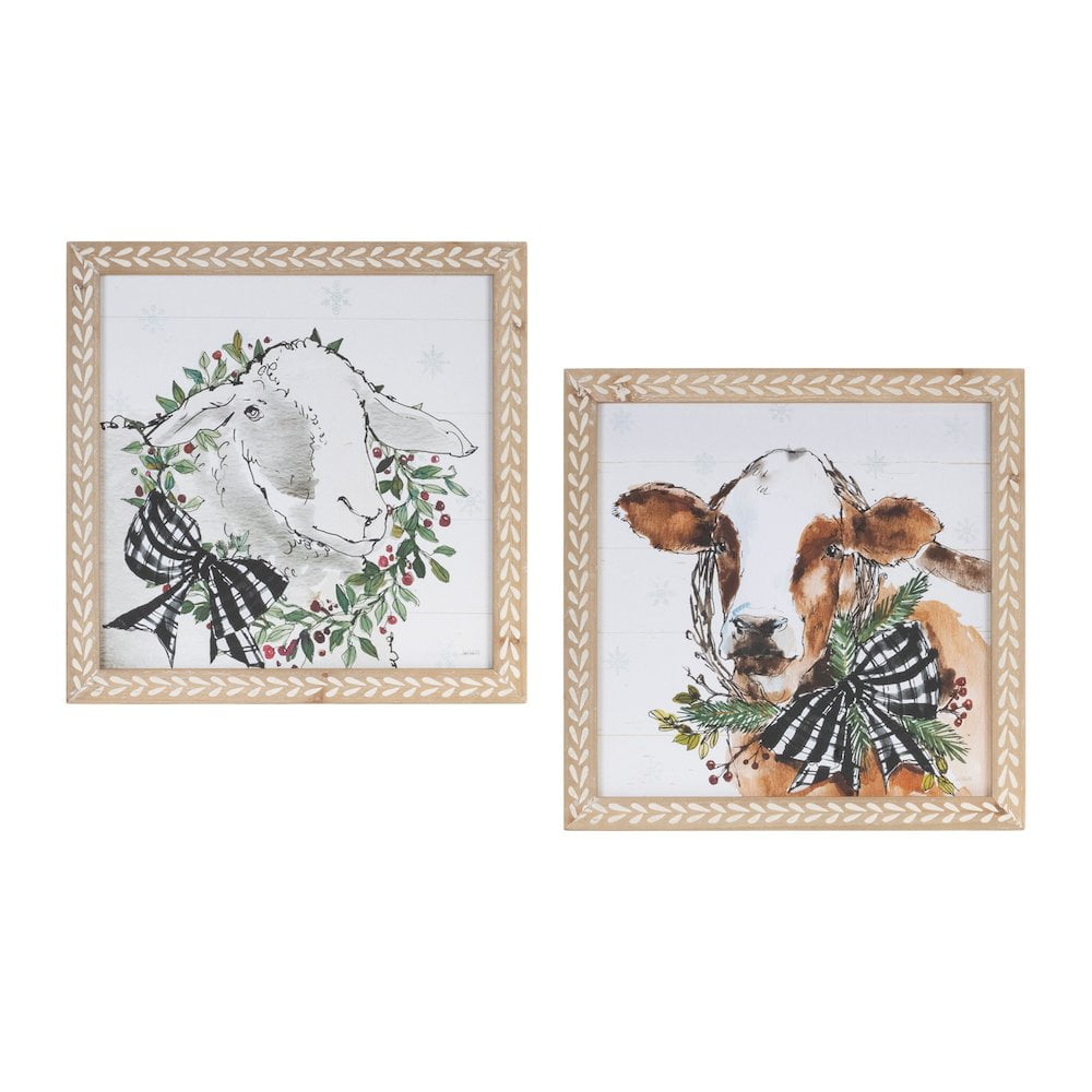 Festive Farm Animal Christmas Prints in Brown and White Frames
