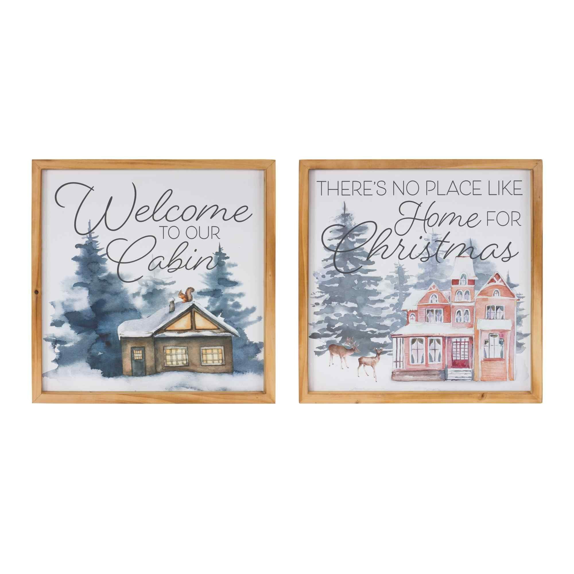 Holiday Cabin and Home Christmas Wall Art Set in Natural Wood Frame