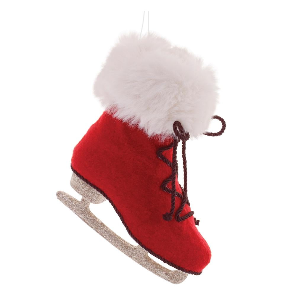 Festive Red and White Fluffy Ice Skate Ornaments Set