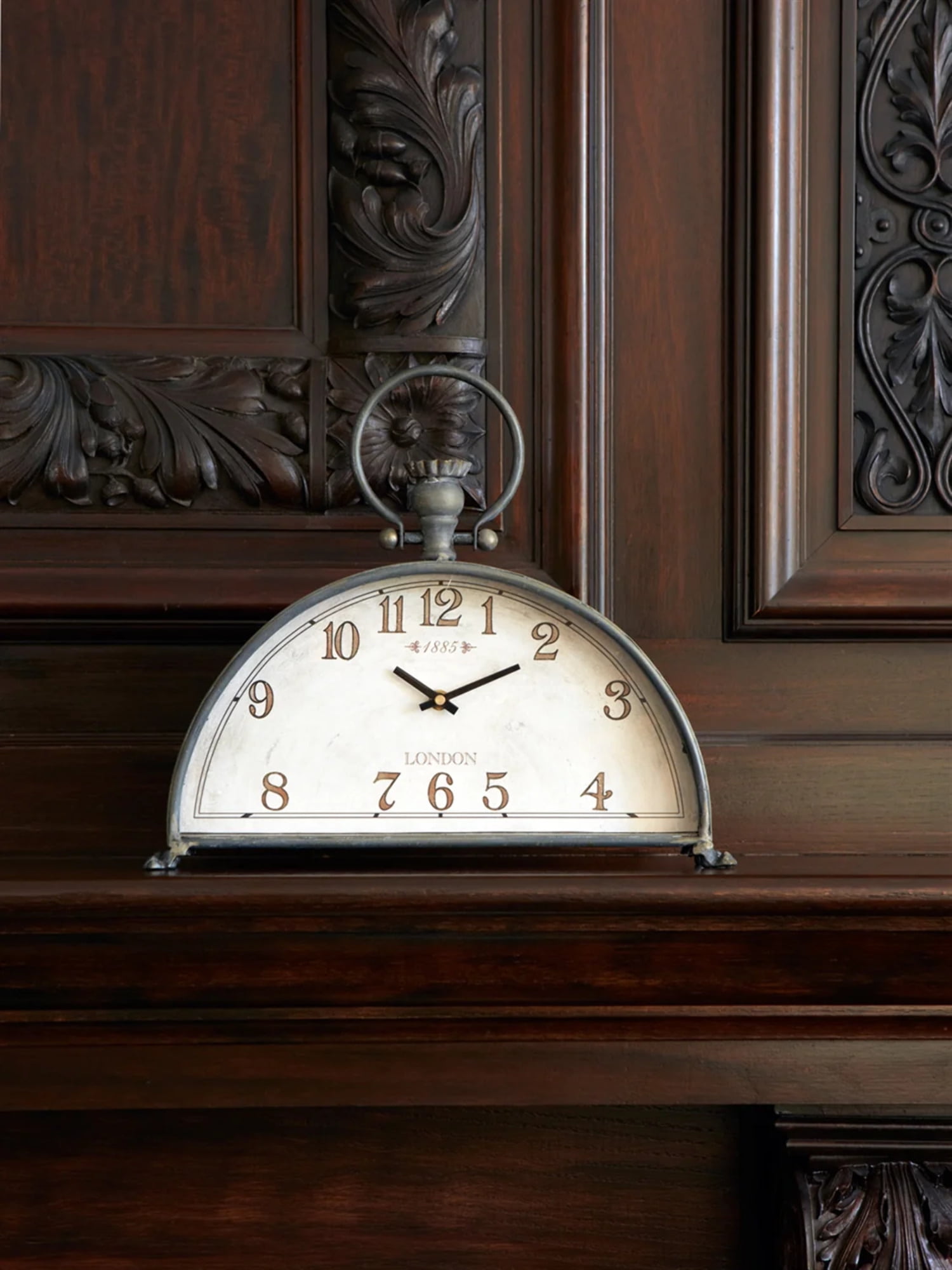 Gray Metal and Glass Half-Moon Mantle Clock