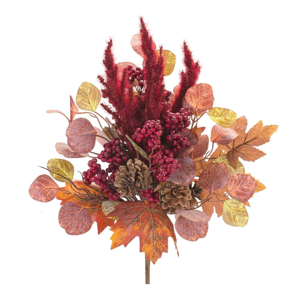 Rustic Red and Brown Fall Foliage Bush Set with Pinecones