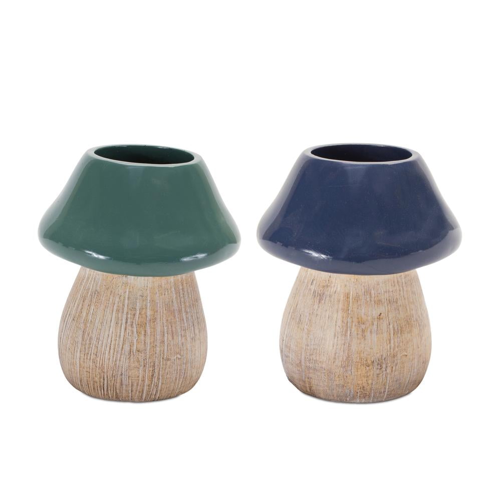 Set of Two Green and Blue Resin Mushroom Planters
