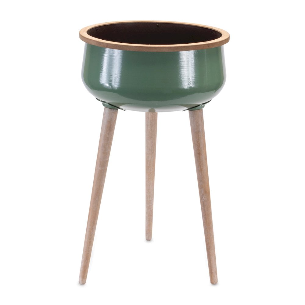 Forest Green Metal Planter with Fir Wood Stand, 24"H