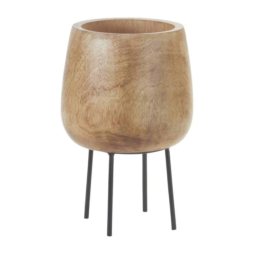 Natural Wood Planter with Black Metal Stand, 12"H