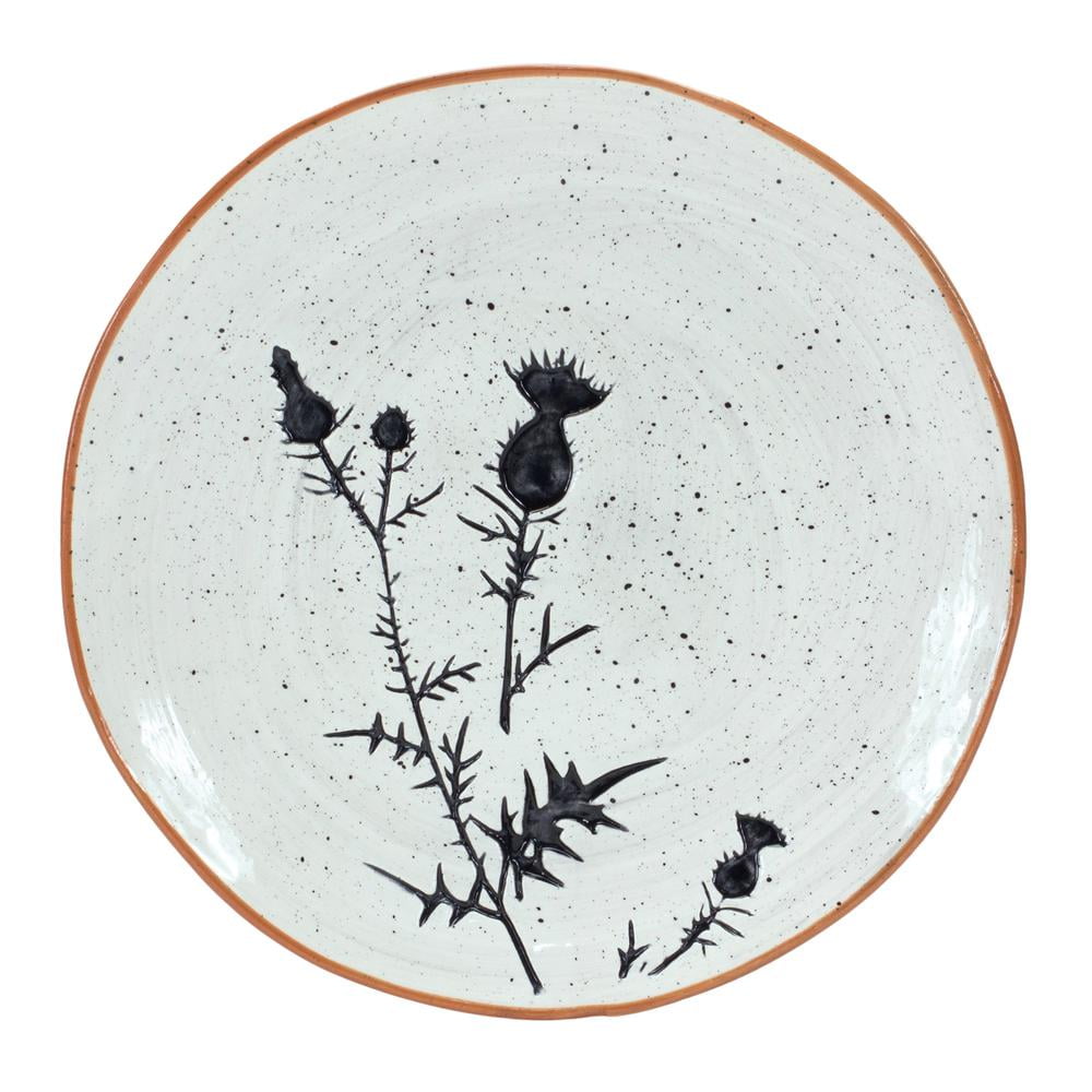 Rustic Black and White Ceramic Thistle Plates, Set of 4