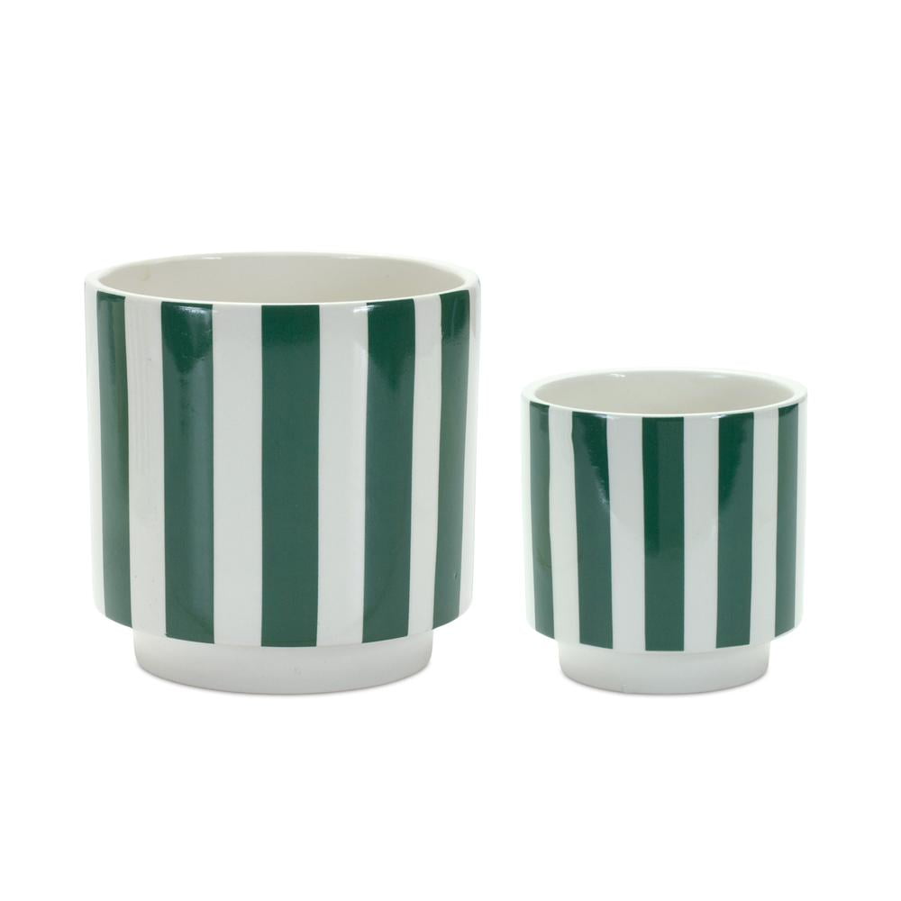 Green and White Striped Dolomite Indoor/Outdoor Planter Set