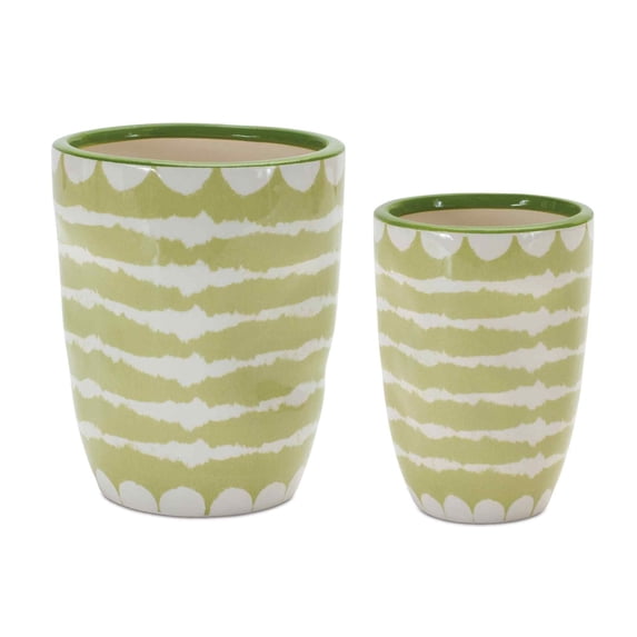 Melrose Abstract Striped Decorative Pots - 5\" - Green and White - Set of 2